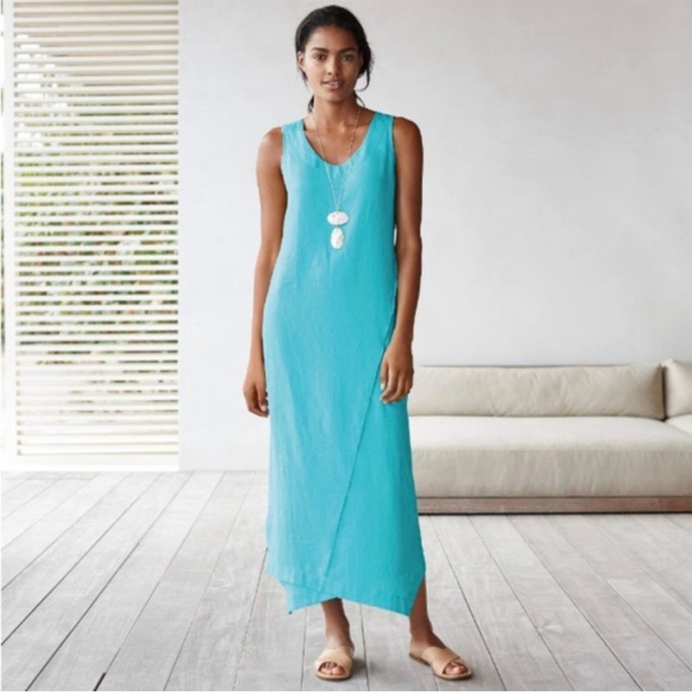 NWT J Jill Linen Lined Asymmetrical Turquoise Maxi Dress